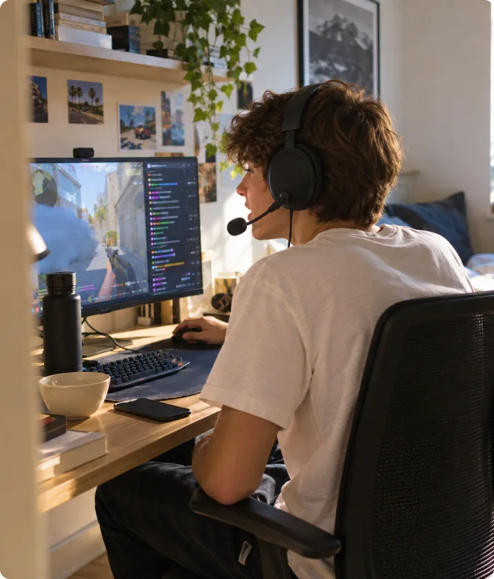 Player at a desk speaking into a headset microphone