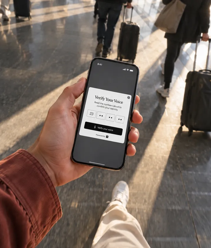 Traveller in a station holding a phone showing the Verify Your Voice prompt