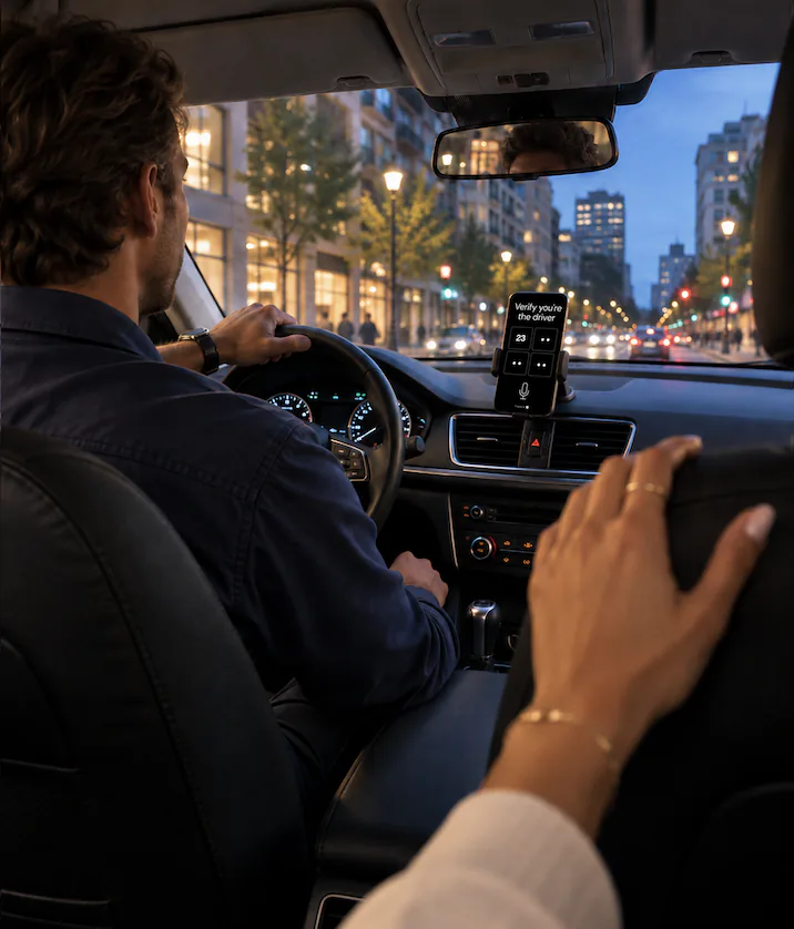 Driver at night with a phone in a dash mount running a voice check